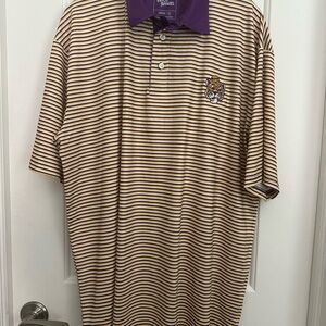 Mens LSU Bayou Apparel Striped Polo Shirt in Purple and Gold